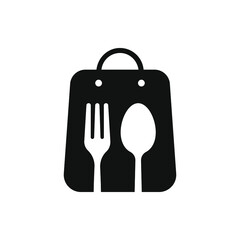 Take away food. Spoon and fork on paper bag icon design isolated on white background. Vector illustration