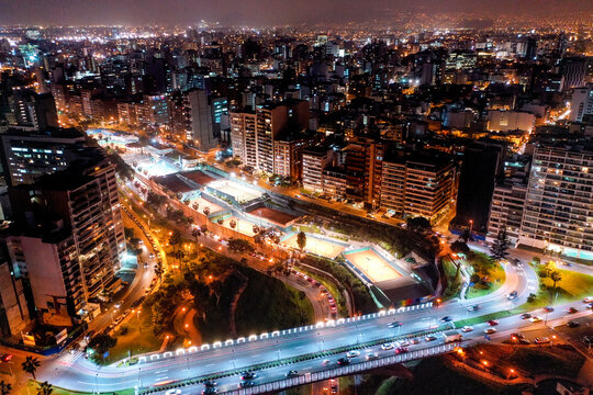 Aerial view of Lima, Peru cityscape during night time
