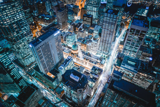 Aerial view of city buildings during night time
