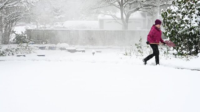 Woman walking down a snow-covered driveway with a snow shovel in blowing snow, snowing in a residential front yard garden
