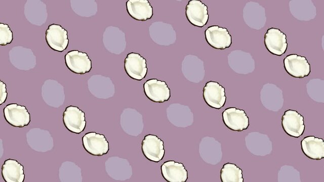 Colorful pattern of coconuts. Top view. Minimal tropical fruit summer concept. Seamless pattern with coconut. Pop art design. Realistic animation. 4K video motion