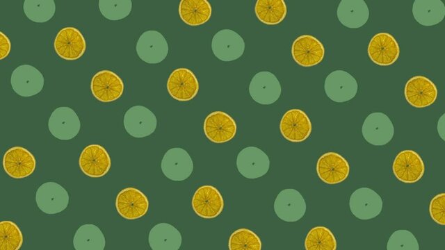 Colorful pattern of dried orange slices on green background. Seamless pattern with dried orange chips. Pop art design. Realistic animation. 4K video motion