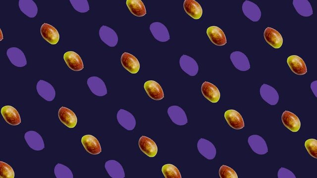 Colorful pattern of fresh mango on violet background. Top view. Seamless pattern with mango. Pop art design. Realistic animation. 4K video motion