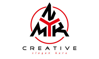 triangle badge with circle MNK letter logo design vector, business logo, icon shape logo, stylish logo template