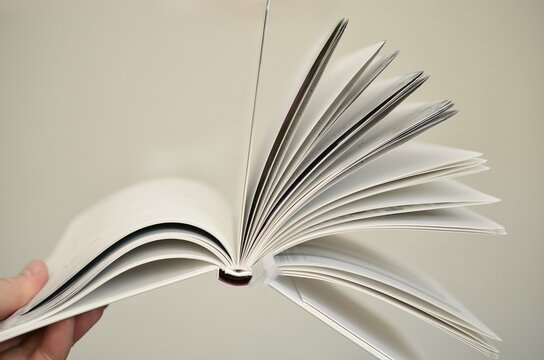 Cropped image of hand holding an open book against light background