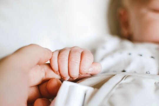 Cropped image of new baby born curling their hand around adult's finger