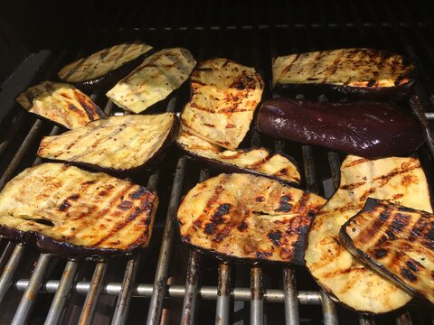 Eggplant slices on barbeque grill