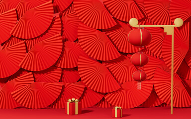 Fototapeta na wymiar Lanterns and gifts with red fans background, 3d rendering.