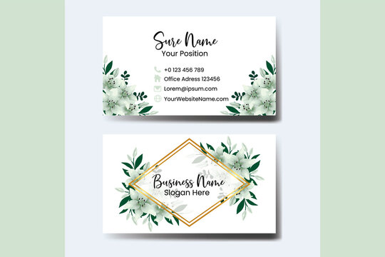 Business Card Template White Lily Flower .Double-sided Blue Colors. Flat Design Vector Illustration. Stationery Design