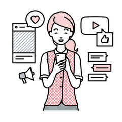 立ってスマートフォンでさまざまなSNSで楽しく交流する事務員制服の女性