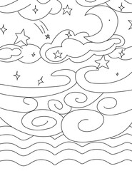 Night fulfilled with stars and clouds, coloring pages for kids and adults.