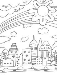 Buildings in the town of the city, clear sky, sunny, summert ime, coloring pages for kids and adults.