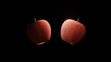 Two Apple with spotlight in dark background. 3D illustration with copy space