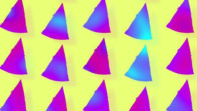 Pizza pattern in vibrant gradient holographic neon colors. Concept art. Minimal surrealism background. Seamless pattern with pizza slices. Realistic animation. 4K video motion