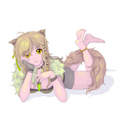 Vector illustration. The image of a reclining wildcat girl from the anime with long blonde hair, highlighted on a white background. EPS 10