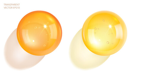 Orange and yellow beads. 3d vector transparent resin balls. Drops of oil, honey, juice, beer and any yellow liquid. Realistic glass blobs. Homemade glossy spheres. Round piece of amber
