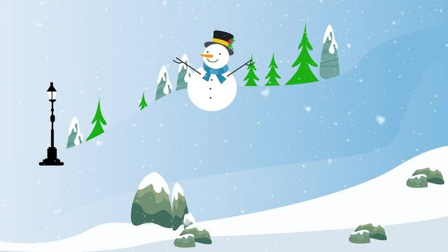 Snowman standing under snowfall at snowy park