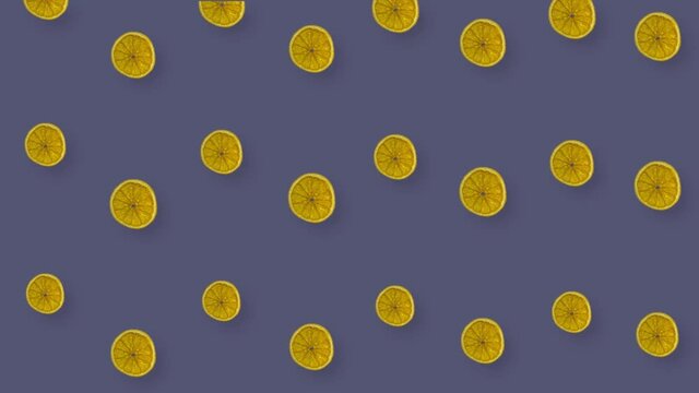 Colorful pattern of dried orange slices on violet background. Seamless pattern with dried orange chips. Realistic animation. 4K video motion