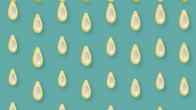 Colorful fruit pattern of fresh avocados. Top view. Seamless pattern with avocado. Realistic animation. 4K video motion