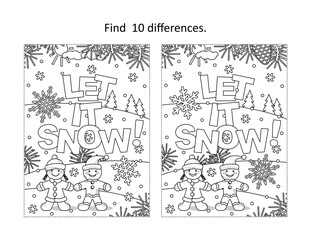 "Let it snow!" - winter or winter holidays find ten differences picture puzzle and coloring page
