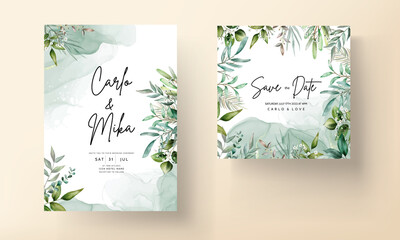 elegant wedding invitation card with hand drawing watercolor leaves