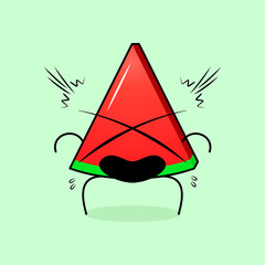 cute watermelon slice character with shocked expression and mouth open. green and red. suitable for emoticon, logo, mascot and icon