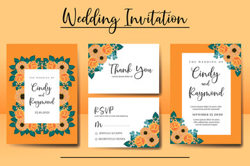 Naklejka premium Wedding invitation frame set, floral watercolor Digital hand drawn Orange Rose and Anemone Flower design Invitation Card Template