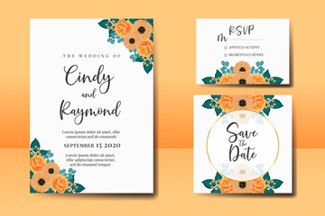 Wedding invitation frame set, floral watercolor Digital hand drawn Orange Rose and Anemone Flower design Invitation Card Template