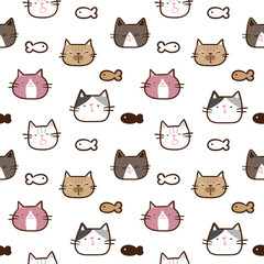 Seamless Pattern of Cartoon Cat Face Design on White Background