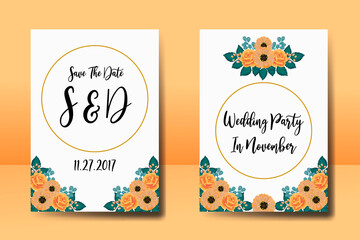 Wedding invitation frame set, floral watercolor Digital hand drawn Orange Rose and Anemone Flower design Invitation Card Template