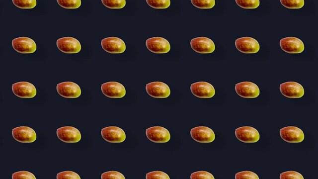 Colorful fruit pattern of fresh mango on black background. Seamless pattern with mango. Realistic animation. 4K video motion