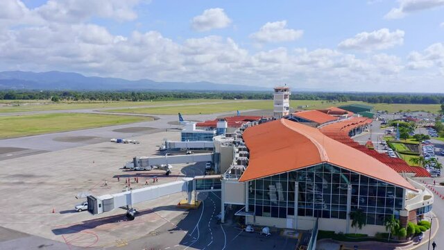 Drone flight at Cibao airport in Santiago de los Caballeros, Caribbean