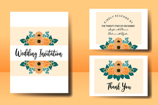 Wedding invitation frame set, floral watercolor Digital hand drawn Orange Rose and Anemone Flower design Invitation Card Template © Vectorcome