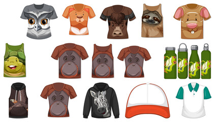 Set of different clothes with animal face pattern