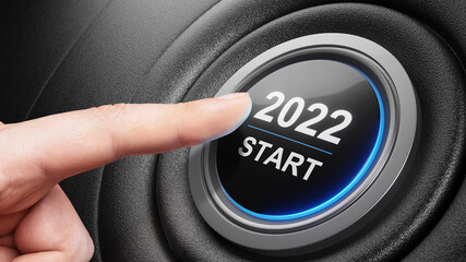 Start 2022. Happy New Year button. 3D illustration