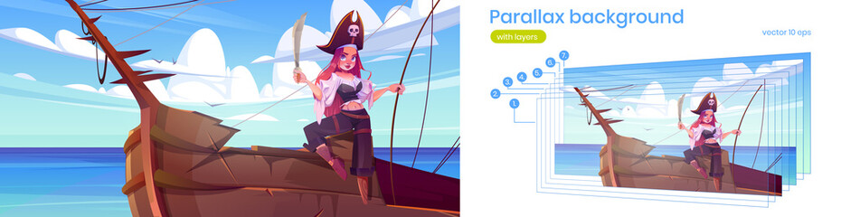 Girl pirate holding sword on wooden ship. Vector parallax background for 2d animation with cartoon sea landscape with pretty woman in buccaneer costume and hat with skull sign on boat deck