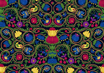Fantasy flowers in retro, vintage, embroidery style. Seamless pattern, background. Colored vector illustration.