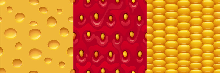 Cheese, strawberry and corn seamless textures for game. Food repeated patterns, 3d backgrounds, graphic ui or gui layers design, cheddar with holes, berry and maize closeup view, Vector illustration