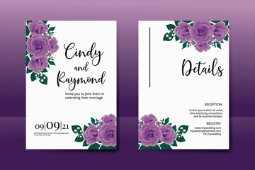 Wedding invitation frame set, floral watercolor Digital hand drawn Purple Rose Flower design Invitation Card Template