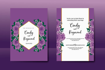 Naklejka na ściany i meble Wedding invitation frame set, floral watercolor Digital hand drawn Purple Rose Flower design Invitation Card Template
