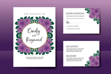 Fototapeta na wymiar Wedding invitation frame set, floral watercolor Digital hand drawn Purple Rose Flower design Invitation Card Template