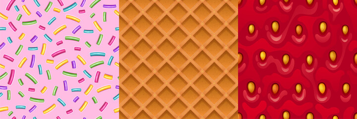 Textures of waffle, strawberry and pink glaze with color sprinkles. Vector cartoon seamless patterns of sweet food and berry, dessert textures for game background