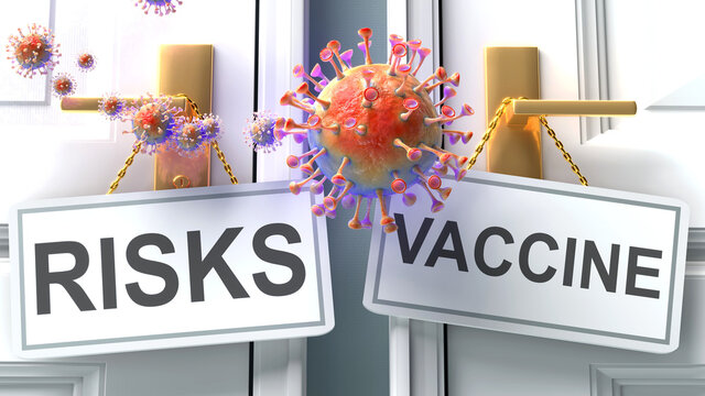 Covid risks or vaccine - virus pandemic outcome and two future alternatives presented as 'risks' and 'vaccine' door handle labels, 3d illustration