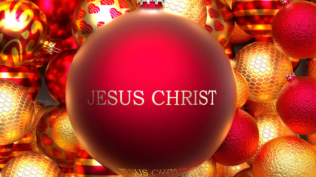 Christmas Jesus christ - dozens of golden rich and red Holiday ornaments with a Jesus christ red ball in the middle, 3d illustration