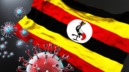 Uganda and the covid pandemic - corona virus attacking national flag of Uganda to symbolize the fight, struggle and the virus presence in this country, 3d illustration