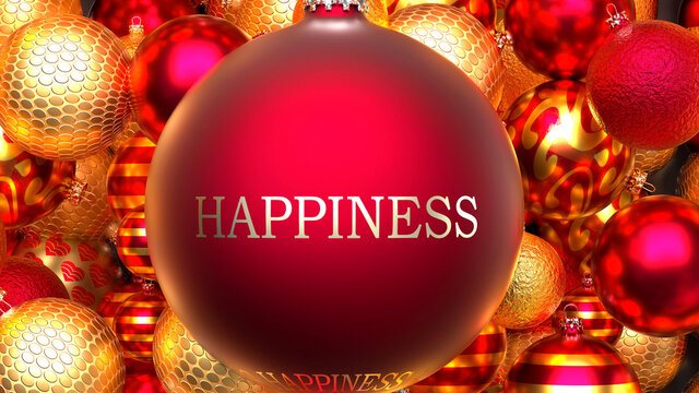 Christmas Happiness - dozens of golden rich and red Holiday ornaments with a Happiness red ball in the middle, 3d illustration