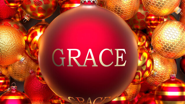 Christmas Grace - dozens of golden rich and red Holiday ornaments with a Grace red ball in the middle, 3d illustration