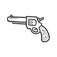 Hand drawn revolver gun element. Comic doodle sketch style. Cowboy, western concept icon. Isolated vector illustration.