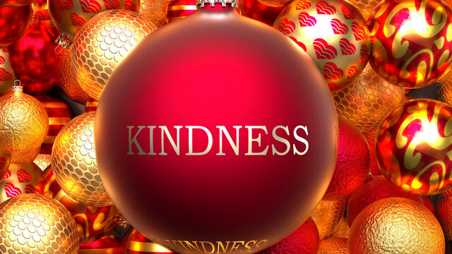 Christmas Kindness - dozens of golden rich and red Holiday ornaments with a Kindness red ball in the middle, 3d illustration