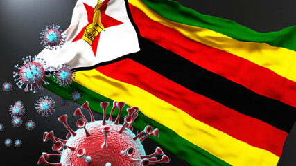 Zimbabwe and the covid pandemic - corona virus attacking national flag of Zimbabwe to symbolize the fight, struggle and the virus presence in this country, 3d illustration